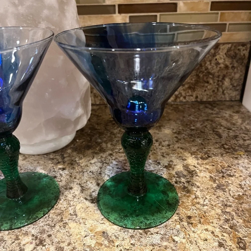 Vintage Libbey Marbleique Blue Swirl and Green Martini Glasses Set of 2